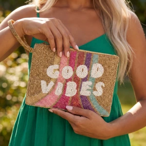 Good Vibes Rainbow Beaded Zip Pouch