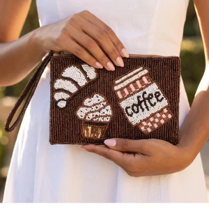 Coffee And Croissant Beaded Zip Pouch