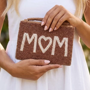 Mom Pearl Bead Script Beaded Zip Pouch