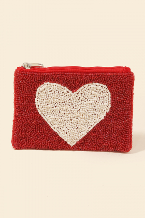 White Heart Seed Beaded Coin Purse