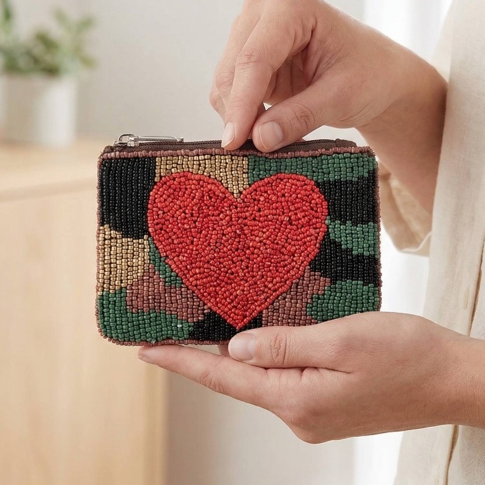 Seed Beaded Camo And Heart Coin Purse