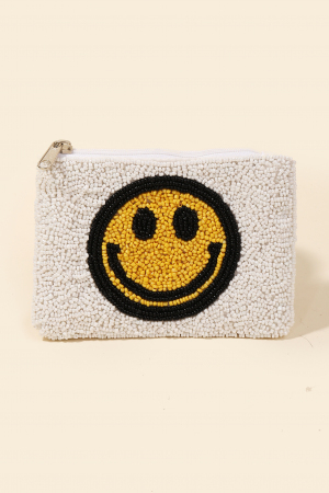 White Seed Beaded Smiley Face Coin Purse