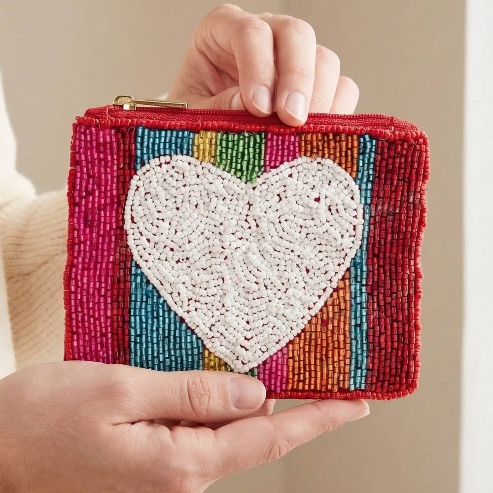 Rainbow Seed Beaded Heart Coin Purse