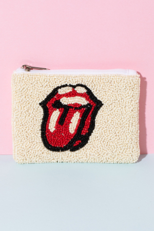 White Tongue Out Lips Beaded Coin Purse