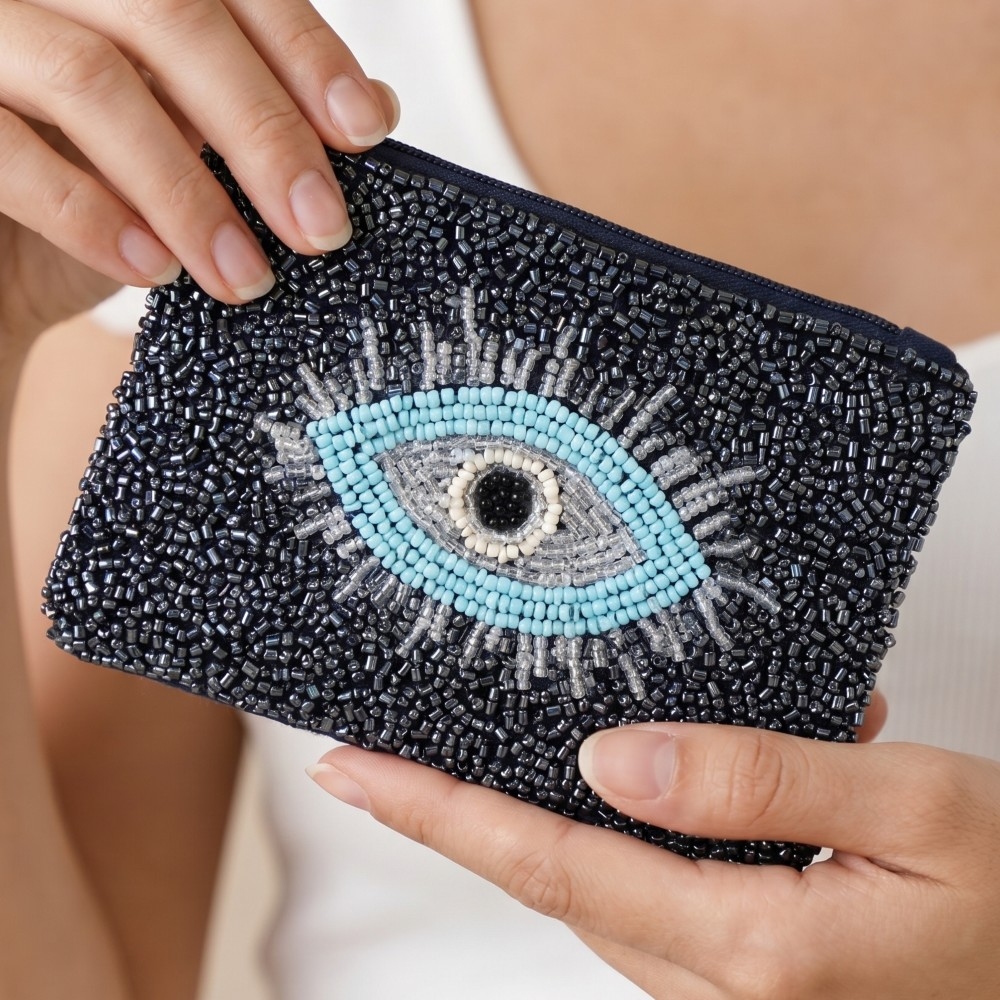 Blue Seed Beaded Evil Eye Coin Purse