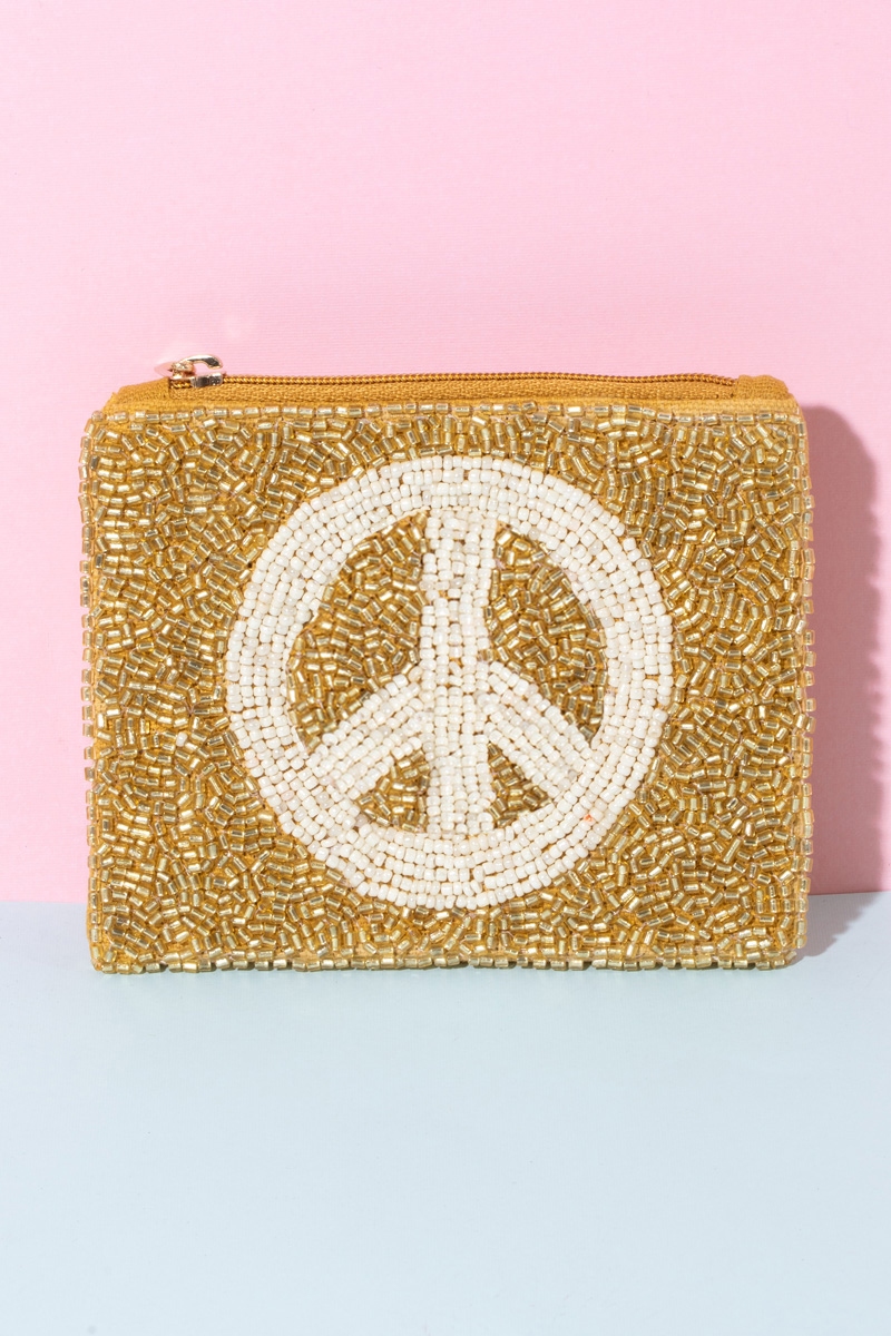 Gold Peace Sign Beaded Coin Purse