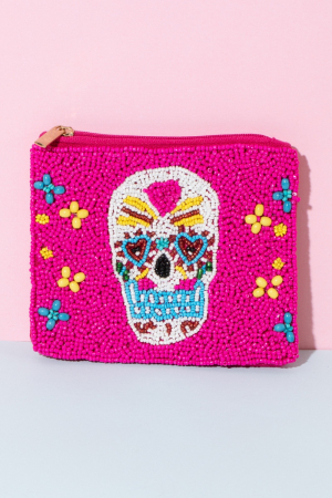 Hot Pink Day Of The Dead Beaded Coin Purse