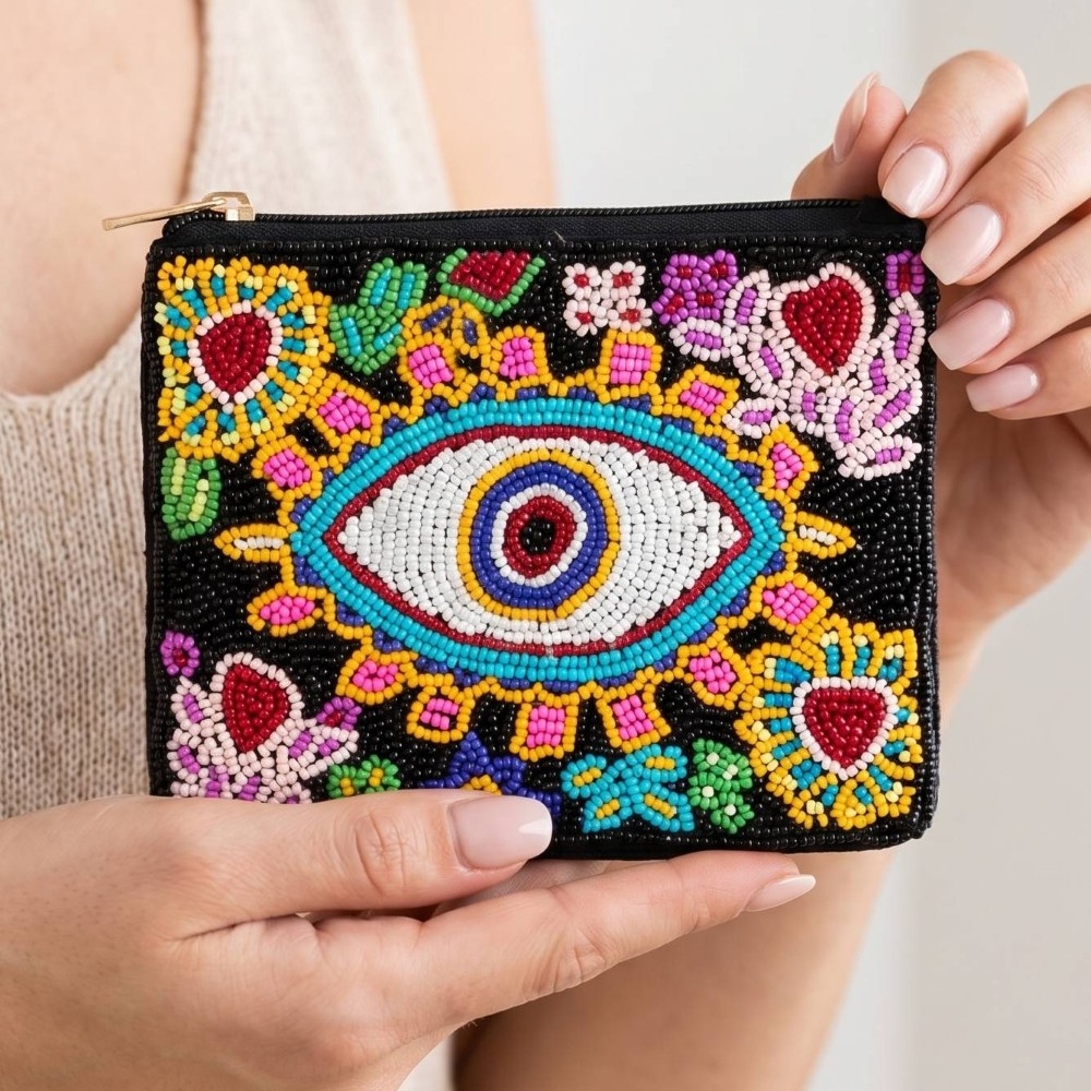 Flower Heart Evil Eye Beaded Coin Purse