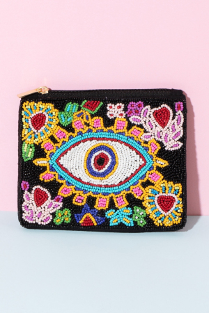 Flower Heart Evil Eye Beaded Coin Purse