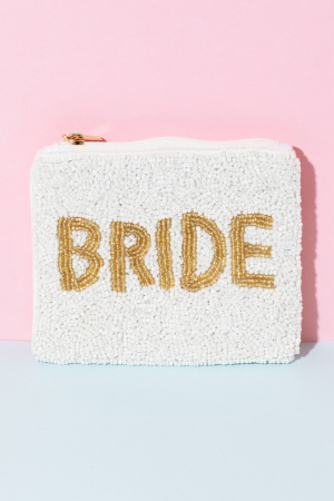Gold Bride Print White Beaded Coin Purse