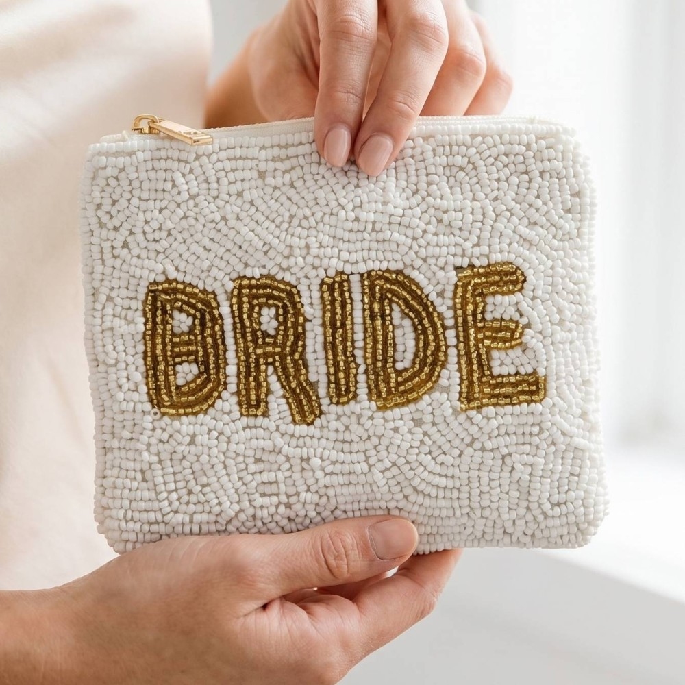 Gold Bride Print White Beaded Coin Purse