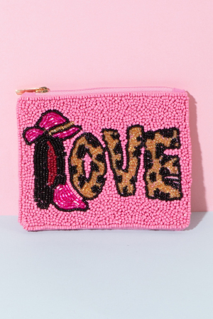 Pink Love Print Beaded Coin Purse