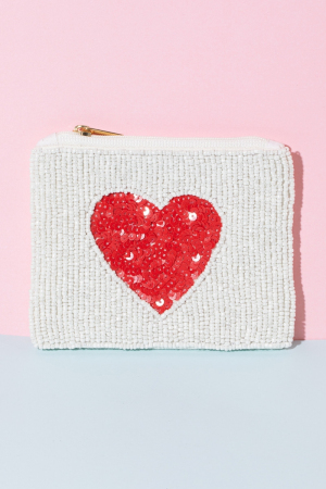 Red Heart White Beaded Coin Purse