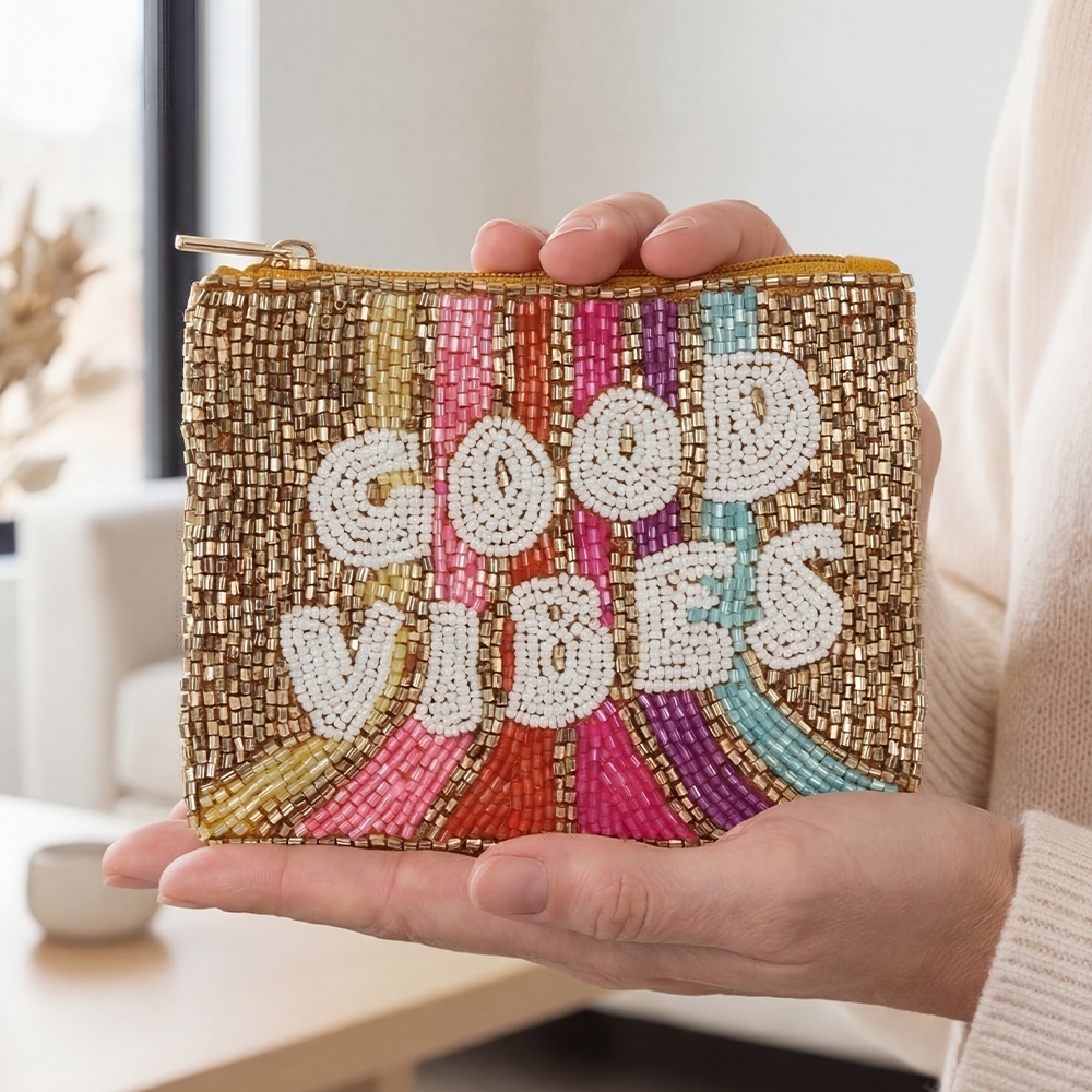 Seed Beaded Good Vibes Coin Purse