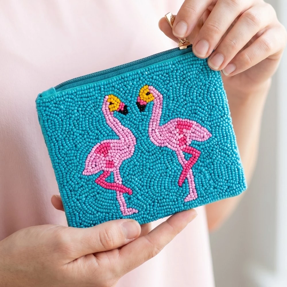 Two Flamingo Beaded Coin Purse