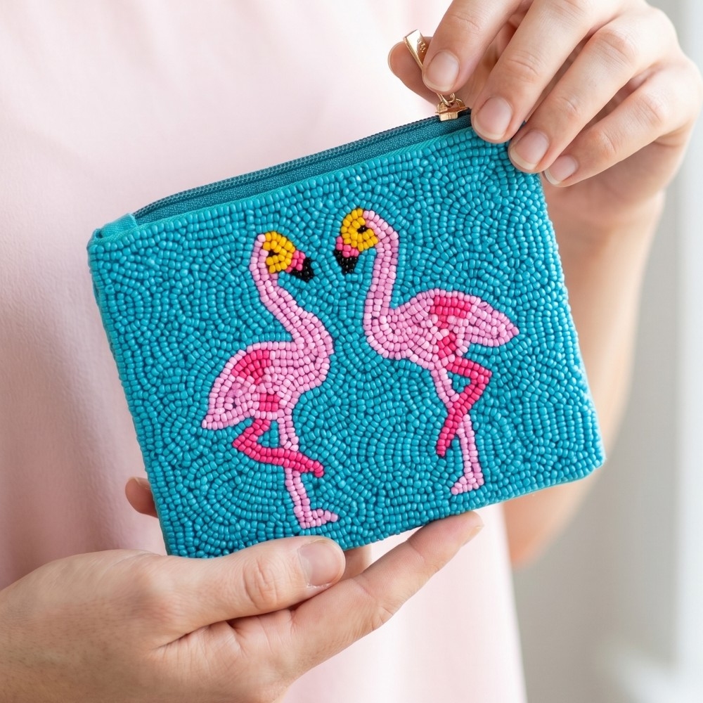 Two Flamingo Beaded Coin Purse