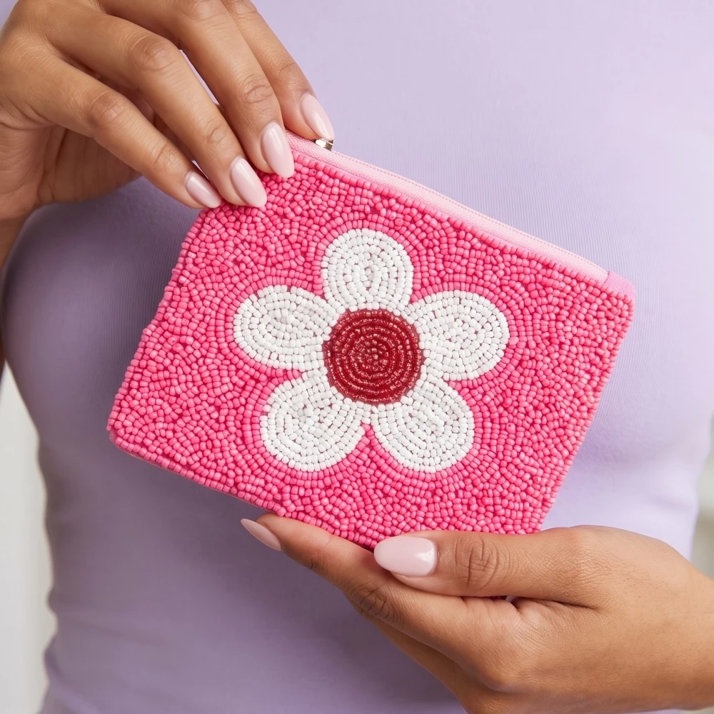 Seed Beaded Flower Coin Purse