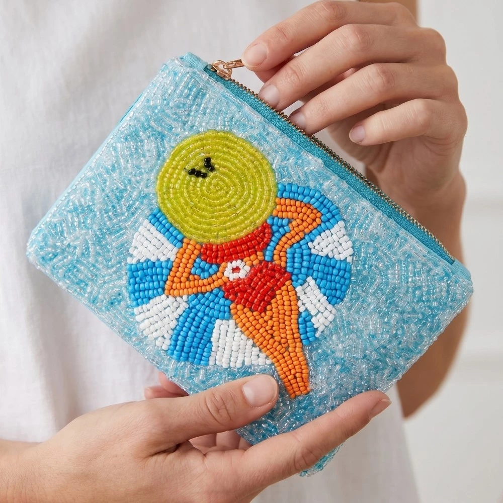 Sunbathing Pool Lady Seed Beaded Coin Purse