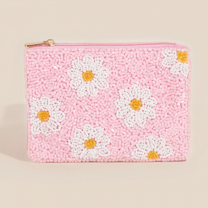 Daisy Flowers Pink Seed Beaded Coin Purse