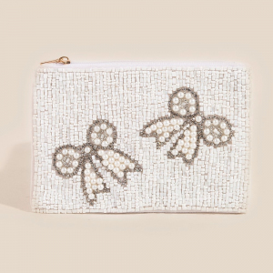 Rhinestone Pearl And Seed Beaded Ribbon Bow Coin Purse