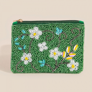 Green Floral Seed Beaded Coin Purse