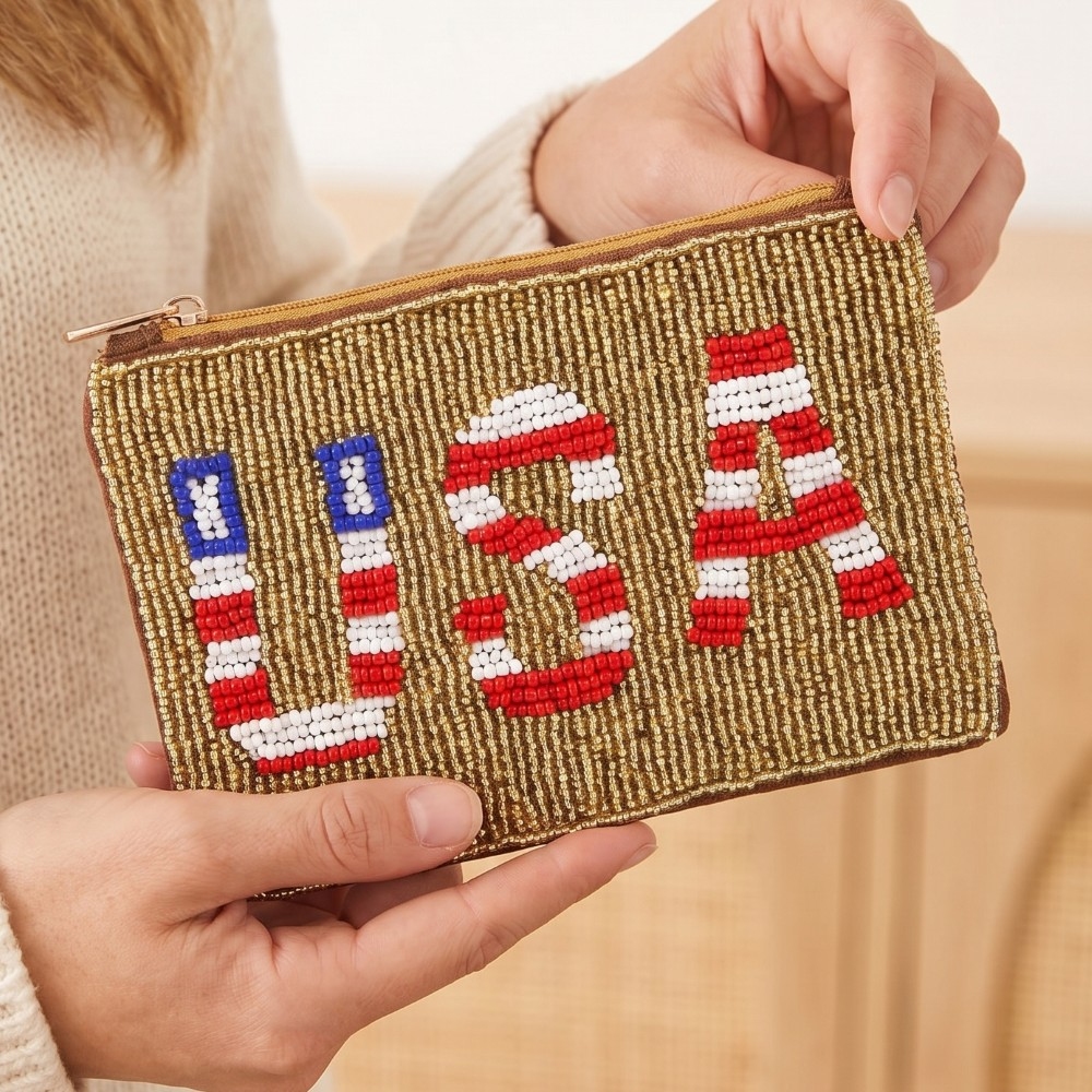 Usa Theme Golden Seed Beaded Coin Purse
