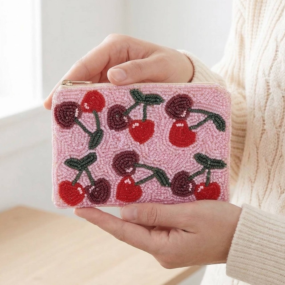 Two Tone Cherries Seed Beaded Coin Purse