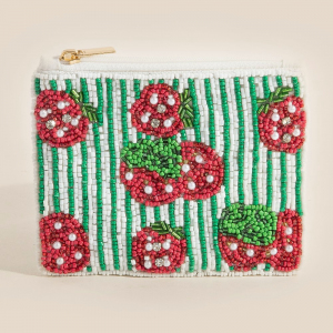 Stripes And Strawberry Fruit Seed Beaded Coin Purse