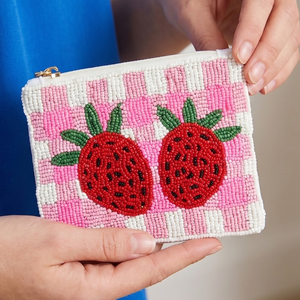 Seed Beaded Double Strawberry Coin Purse