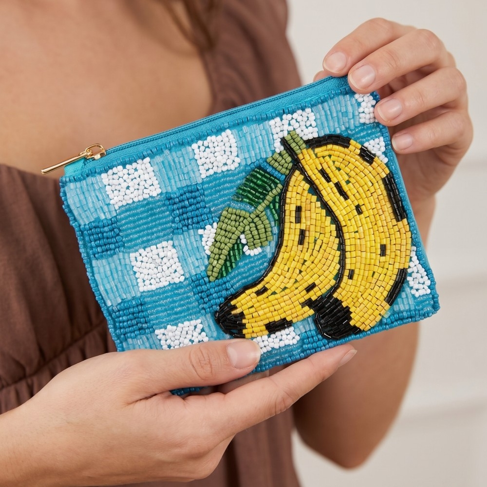 Plaid Pattern And Bananas Seed Beaded Coin Purse
