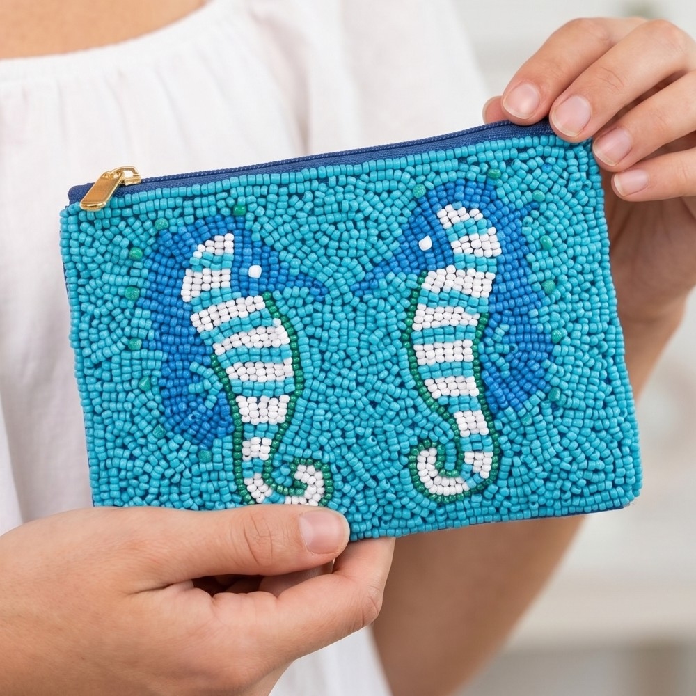 Sea Horses Seed Beaded Coin Purse