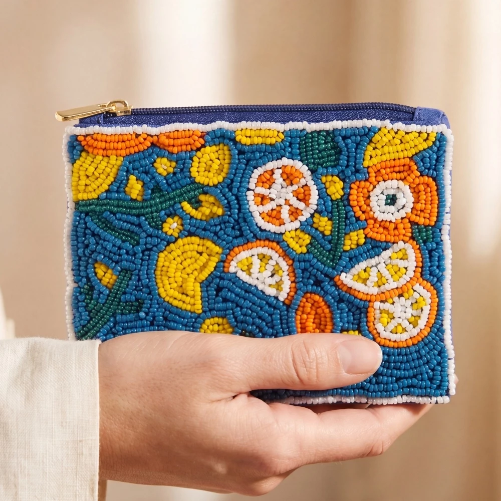 Seed Beaded Lemon Fruit Coin Purse