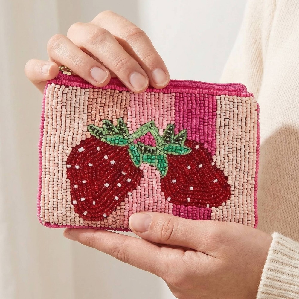 Double Strawberry Striped Seed Beaded Coin Purse