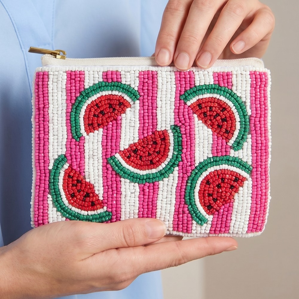 Seed Beaded Striped Watermelon Fruit Coin Purse