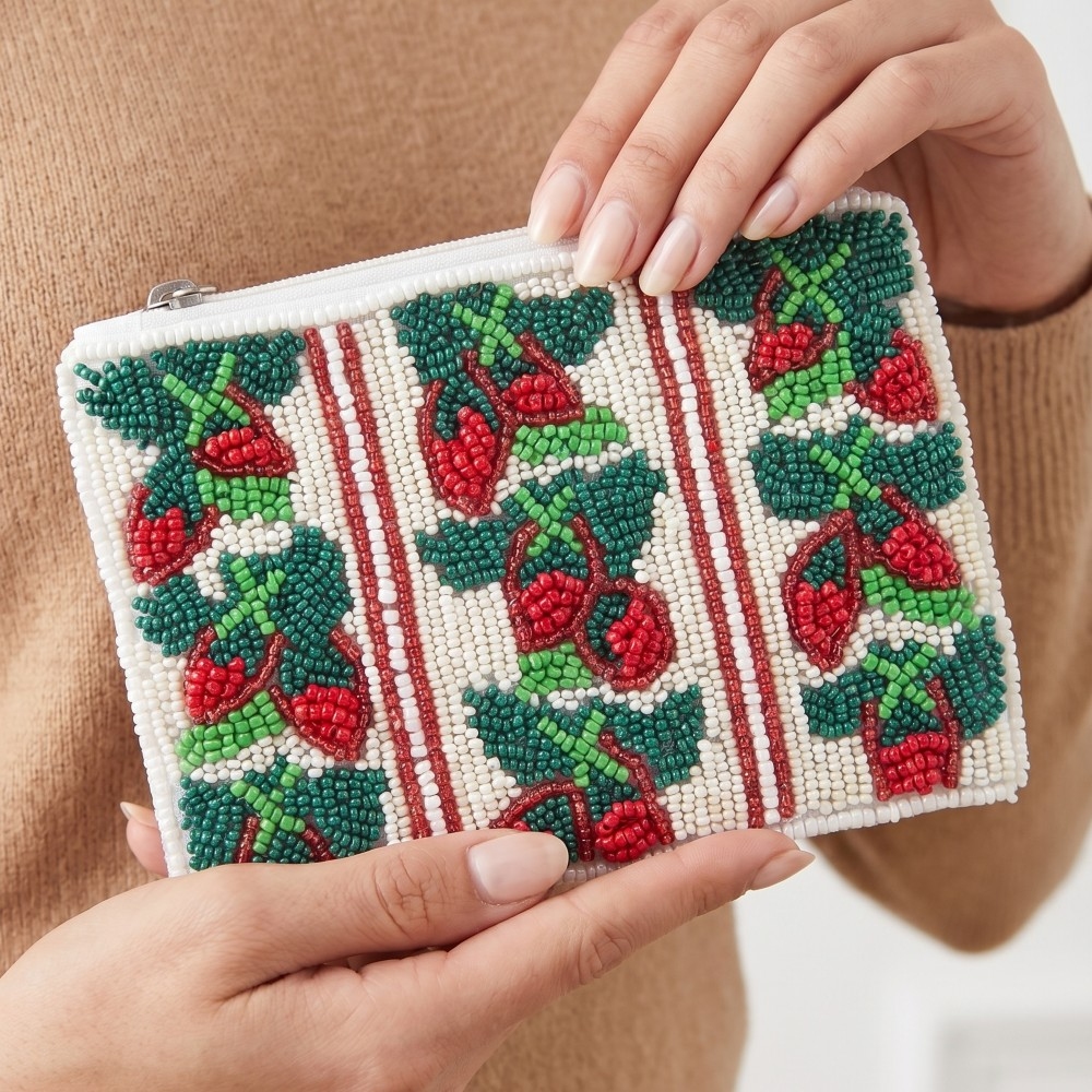 Seed Beaded Red Pepper Fruit Coin Purse