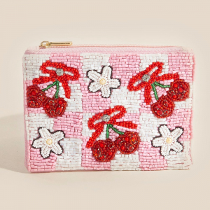 Cherry Fruit And Flower Checkered Seed Beaded Coin Purse