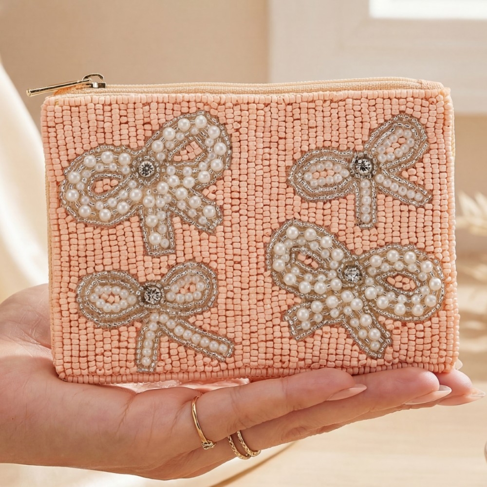 Pearl And Gems Studded Bows Seed Beaded Coin Purse