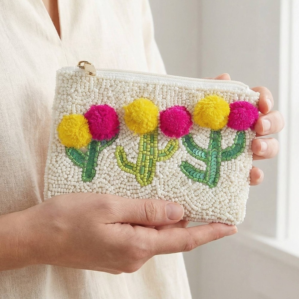 Fuzzy Cactus Flowers Seed Beaded Coin Purse