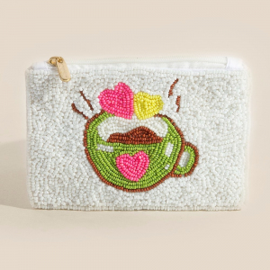 Steamy Latte Cup With Hearts Seed Beaded Coin Purse
