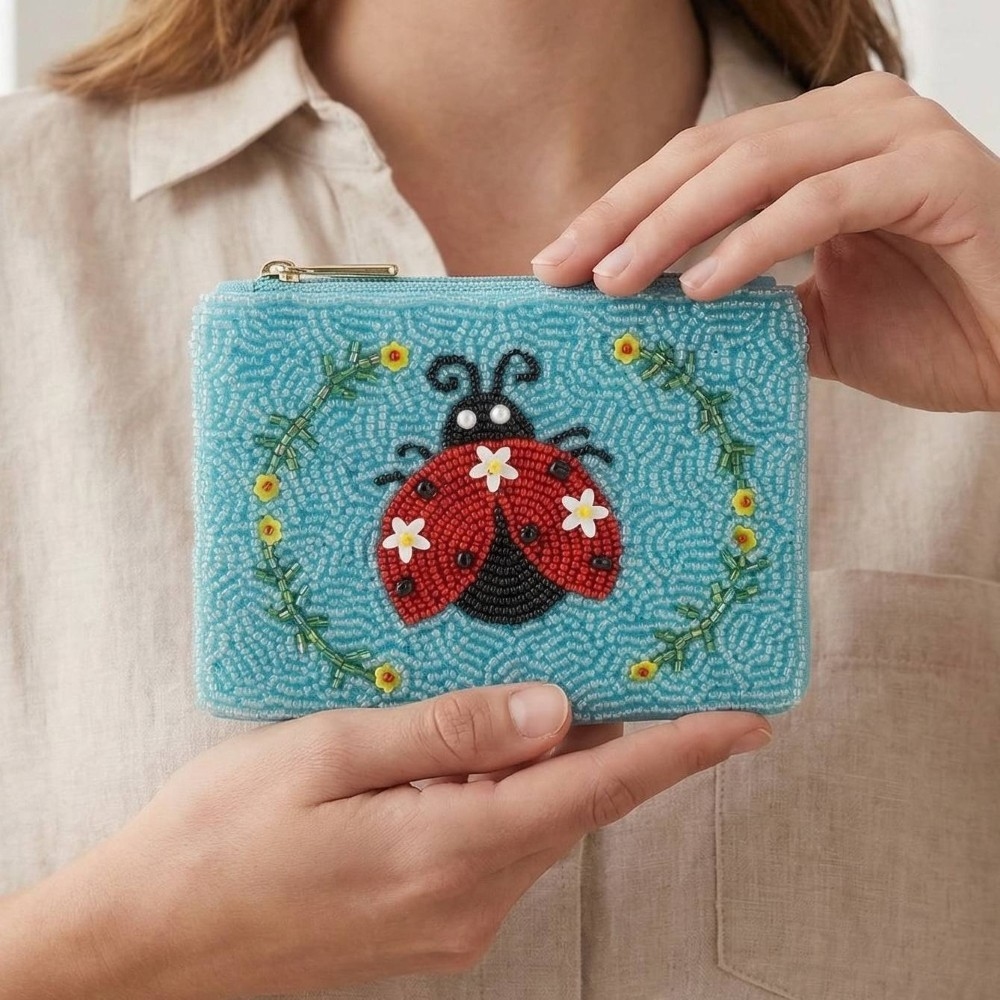 Floral Lady Bug Seed Beaded Coin Purse