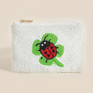 Lady Bug On 4 Leaf Clover Seed Beaded Coin Purse