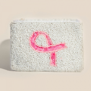 Seed Beaded Breast Cancer Awareness Ribbon Coin Purse