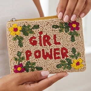 Floral Border Girl Power Seed Beaded Coin Purse