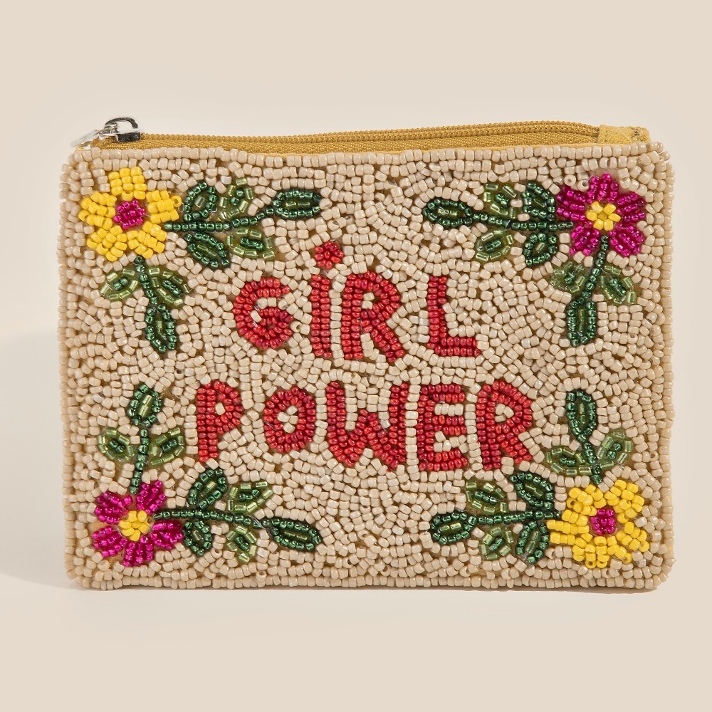Floral Border Girl Power Seed Beaded Coin Purse