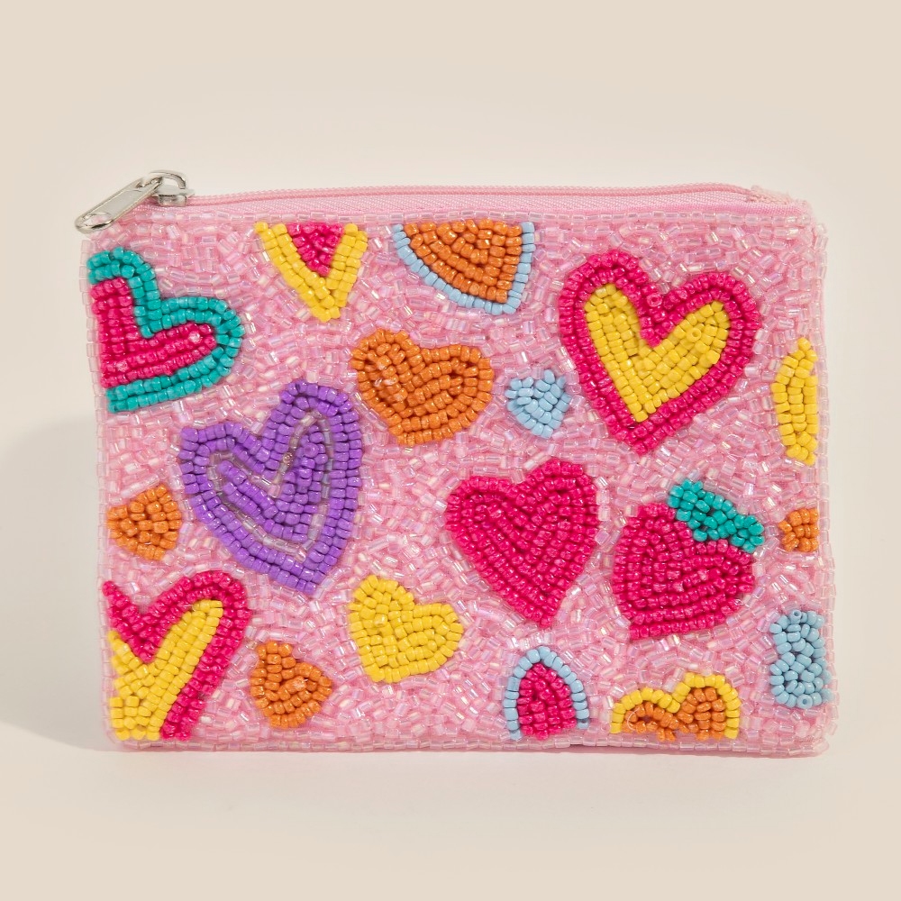 Groovy Vibrant Hearts Seed Beaded Coin Purse