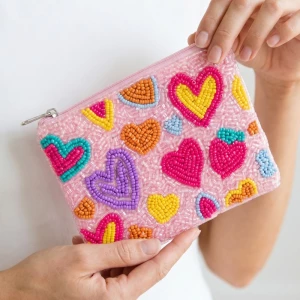 Groovy Vibrant Hearts Seed Beaded Coin Purse