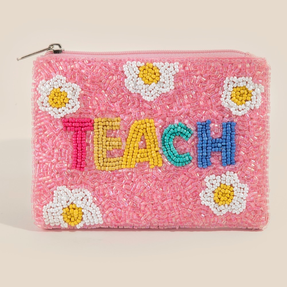 Floral Teach Seed Beaded Coin Purse