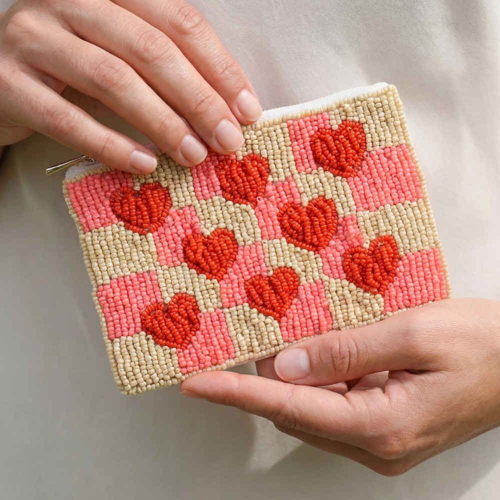 Hearts Checkered Seed Beaded Coin Purse