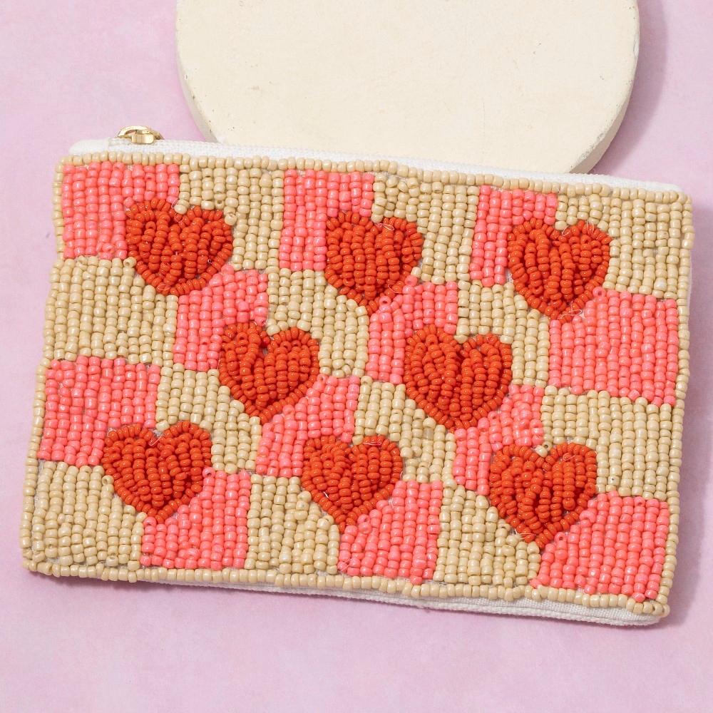 Hearts Checkered Seed Beaded Coin Purse