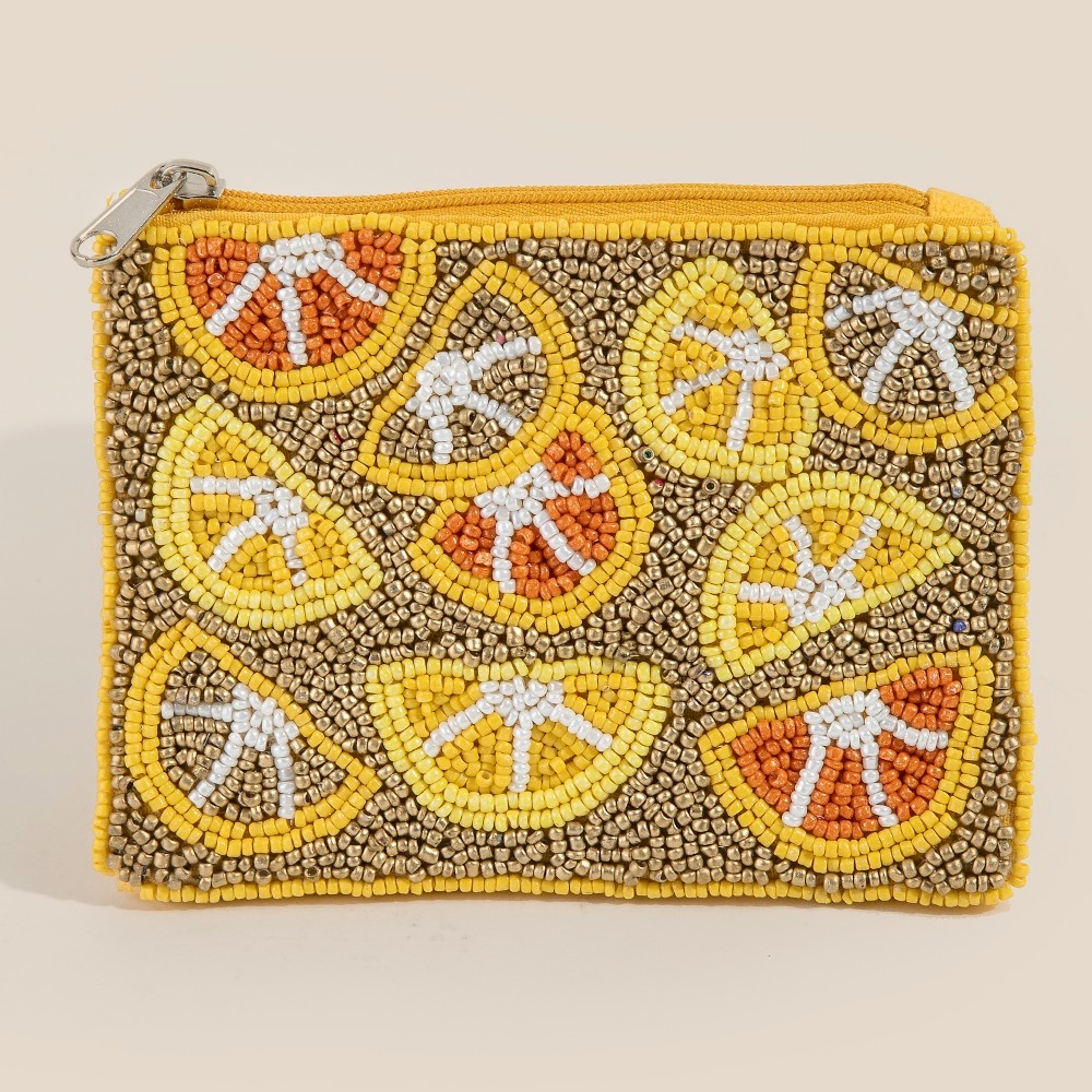 Mixed Citrus Fruit Slices Seed Beaded Coin Purse